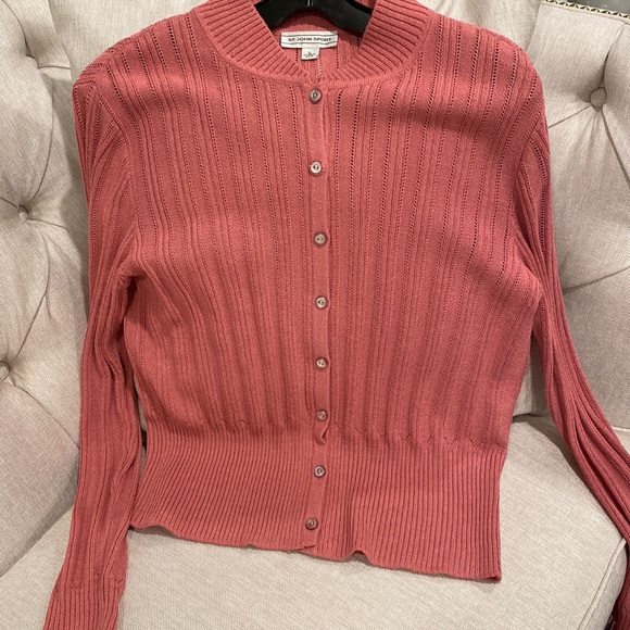 St. John Sport pink cardigan knit lace jacket button down logo on buttons size L